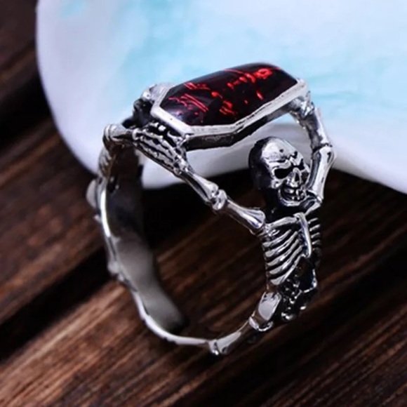 Red Coffin Vintage Silver Men Ring Skeleton Skull - Picture 5 of 5